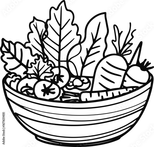 Hand-drawn salad bowl line art vector, abstract doodle leaves and vegetables outline, clean healthy food sketch icon 3
