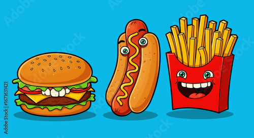 Delightful cartoon fast food characters a cheerful burger, hot dog, and french fries with expressive faces