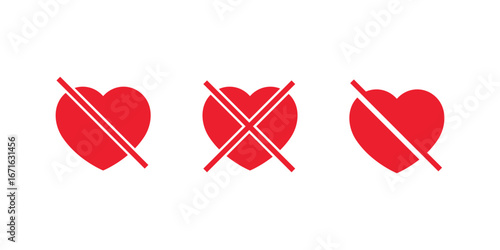 No love icon set in flat design. Heart with cross and slash symbol