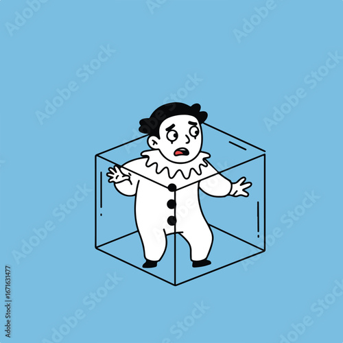Clown Trapped in Geometric Box on Light Blue Backdrop - Conceptual Art