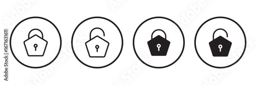 Lock and unlock icon set in circle and stroke style in black and white color in modern style. Lock icon collection. Locked and unlocked black stroke icon . set of locks icon of Silhouettes .  