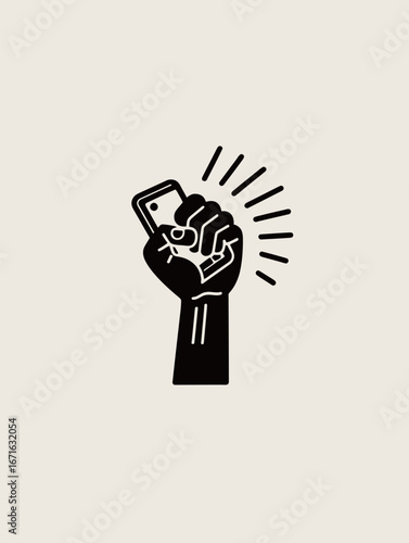 A raised fist grips a smartphone, symbolizing empowerment and the role of technology in social movements. This striking imagery highlights the intersection of advocacy and digital platforms.
