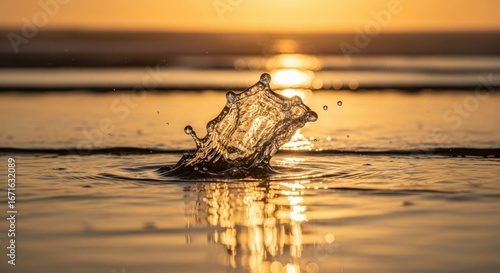 Wasserspritzer in Kronenform im goldenen Abendlicht
