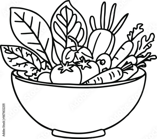Hand-drawn salad bowl line art vector, abstract doodle leaves and vegetables outline, clean healthy food sketch icon.