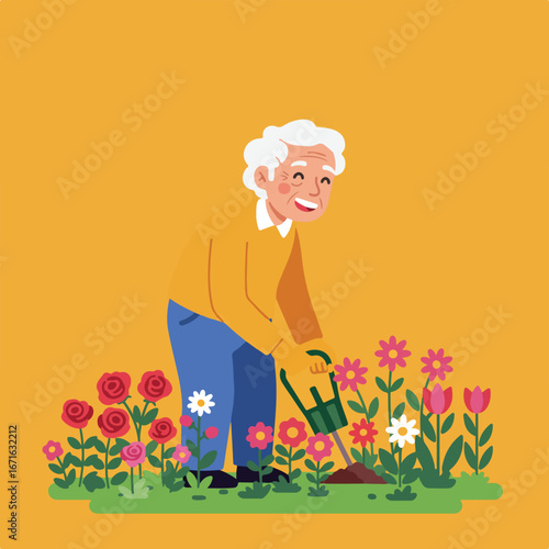 Senior Gardening Happy Man Tending Flowers with a Trowel in the Garden