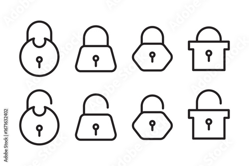 Lock icon set isolated . Security and protection symbol. Locked and unlocked icon.  Lock and unlock padlock icon representing security, privacy, access control, or data protection. 