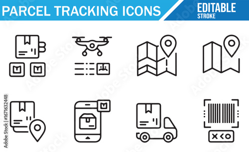Editable Stroke Icons for Shipping, Delivery, Drone Tracking, and Logistics Management
