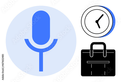 Microphone icon, clock, and briefcase highlighting communication, time tracking, productivity, and work goals. Ideal for business, scheduling, management organization career growth and digital