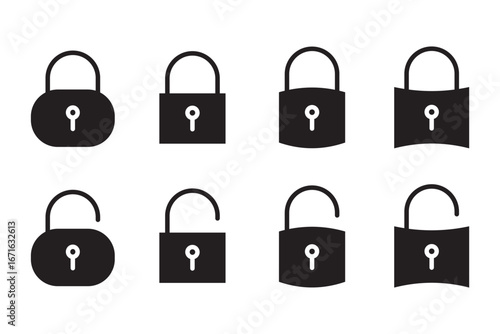 Lock icon set isolated . Security and protection symbol. Locked and unlocked icon.  Lock and unlock padlock icon representing security, privacy, access control, or data protection. 
