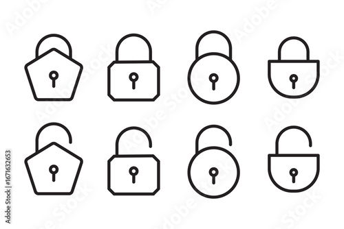 Lock icon set isolated . Security and protection symbol. Locked and unlocked icon.  Lock and unlock padlock icon representing security, privacy, access control, or data protection. 