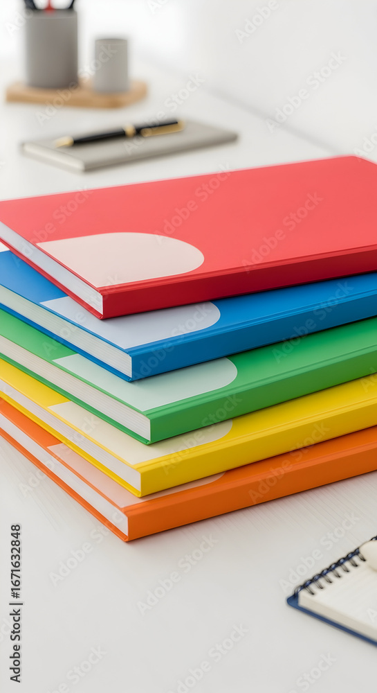 Fototapeta premium Stack of colorful notebooks on a desk