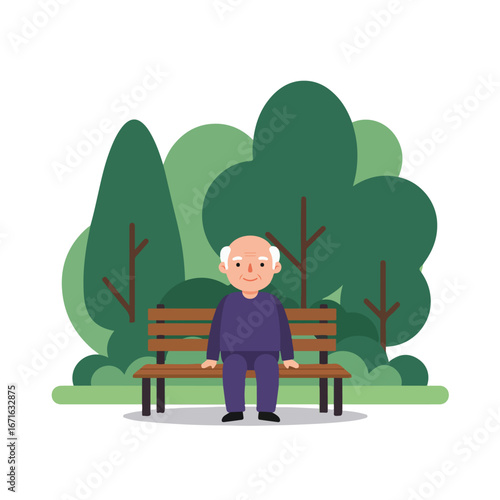Elderly Man Sitting Quietly on a Bench in the Park, Relaxing Outdoors