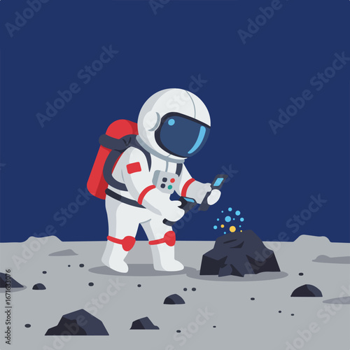 Astronaut Inspecting Mineral Sample on Lunar Surface