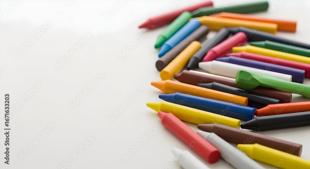 Fototapeta premium A colorful collection of crayons arranged on a white surface