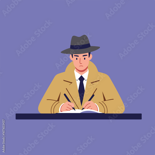 Man Writing Notes at Desk on Plain Background