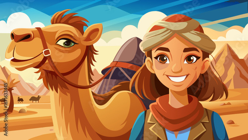   close up portrait  Smiling female tourist riding a dromedary camel in the desert during a sunny day