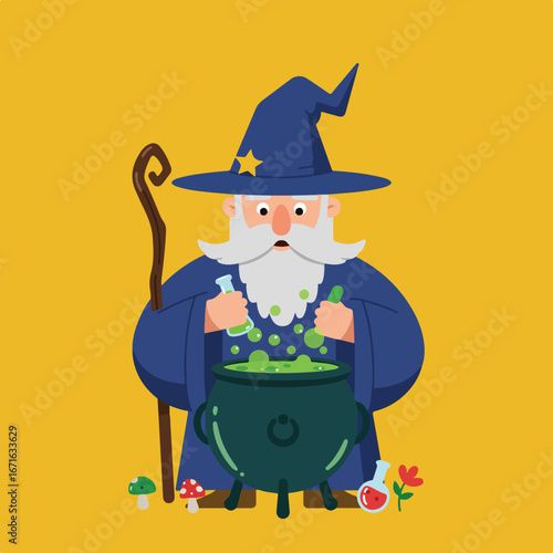 Wizard Mixing Green Potion in Cauldron on Yellow Background