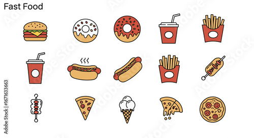 Colorful Fast Food Icon Set Burgers, Donuts, Fries, Pizza and Drinks