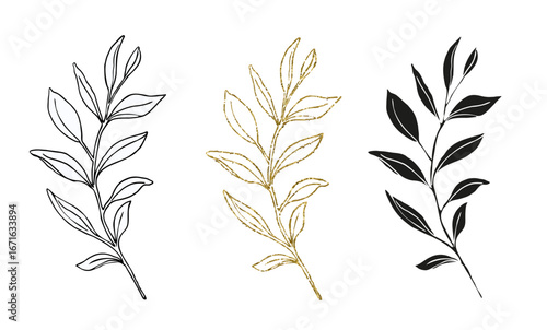 Palm leaves line art, silhouette and glitter simple hand drawn vector illustration set, isolate on white background