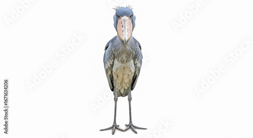 Shoebill stork isolated on white background
Rare prehistoric-looking shoebill bird with large beak, endangered African species, isolated on white.