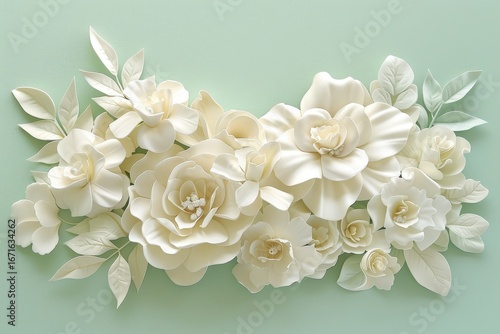 A delicate arrangement of sculpted, white flowers and leaves against a soft mint green backdrop.
