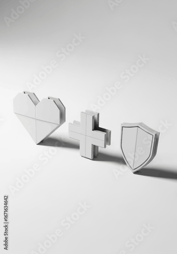 Health, love, and protection concept with 3D papercraft icons of a heart, plus sign, and shield symbolizing medical insurance and well-being