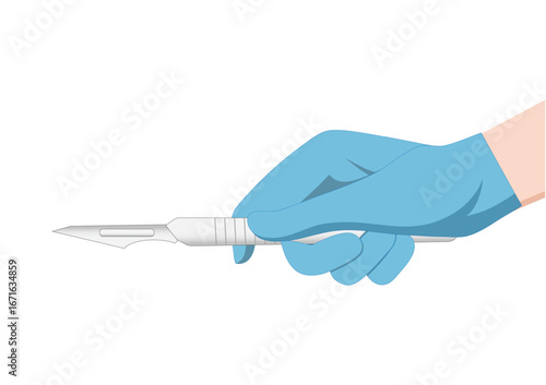 Docter Hand of surgeon in blue medical glove holding a scalpel.