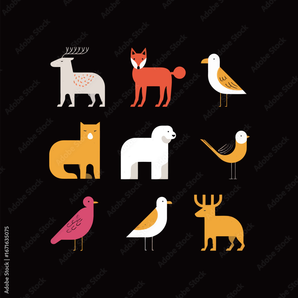 Obraz premium Nine playful animal illustrations are arranged in a grid format. Each animal features vibrant colors and simple shapes, creating a cheerful and modern design.