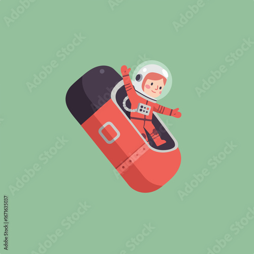 Child Astronaut Waving in Space Capsule on Green Background
