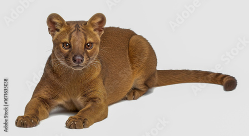 Fossa carnivore isolated on white background
Rare carnivorous mammal fossa from Madagascar with cat-like appearance, endangered species, isolated on white.