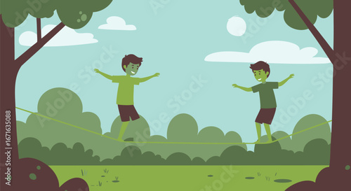 Two young boys balance on a slackline strung between two trees in a park on a clear day, enjoying outdoor recreation