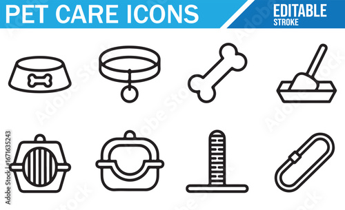 Editable Icons for Pet Care and Grooming Products – Collars, Food Bowls, and Litter Boxes