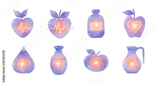 Watercolor illustrations of healthy living symbols, featuring apples, bottles, and water droplets.