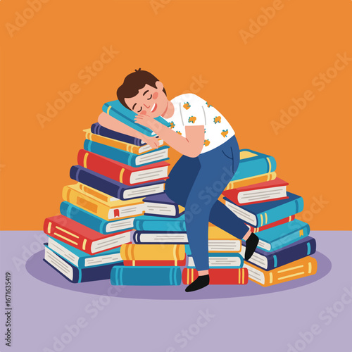 Student Sleeping on a Stack of Books Indoors