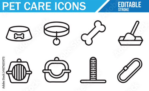 Line Art Icons Representing Pet Care Products like Bowls, Bones, and Litter Boxes