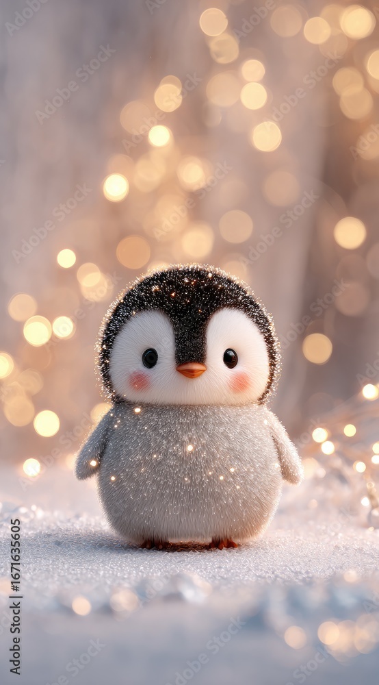 Obraz premium Cute penguin figurine, snowy bokeh background