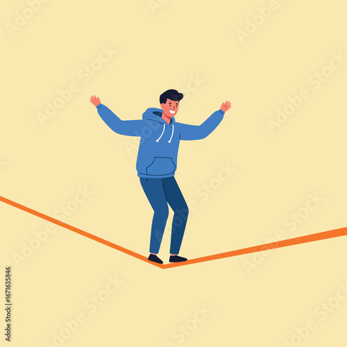 Man Balancing on Tightrope in Empty Space