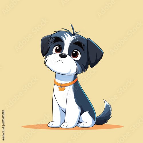 A playful cartoon dog sits attentively with its big brown eyes. Its black and white fur contrasts with the light background, expressing curiosity and charm.
