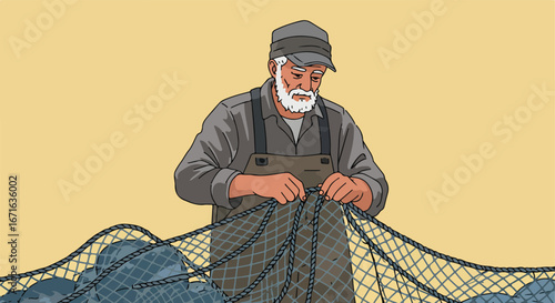 , keywords, and category for the image

 Fisherman Mending Netting On Dock