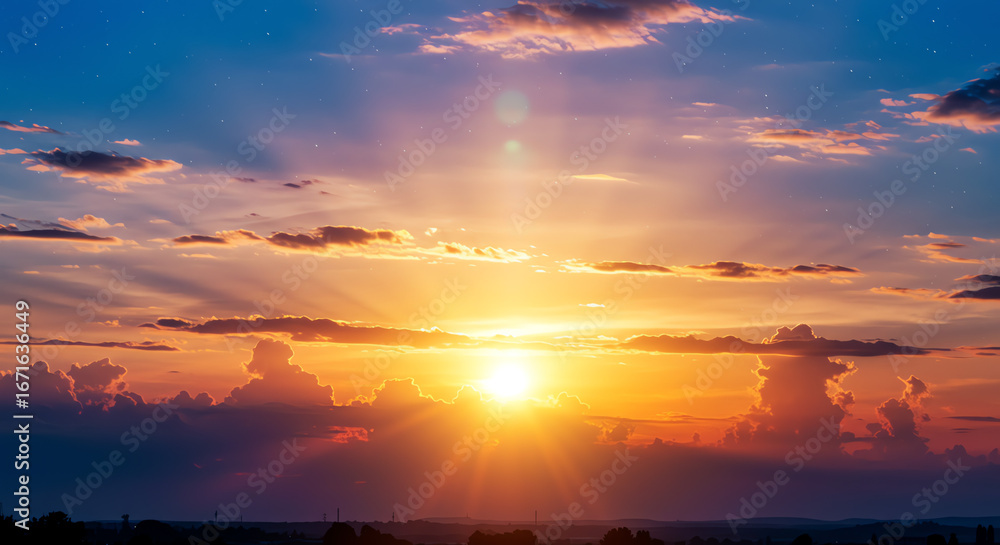 Fototapeta premium Sunset sky with clouds and sun rays