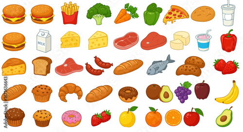 Whimsical Cartoon Food Icons A Colorful Variety of Everyday Meals, Fresh Produce, and Delicious Treats