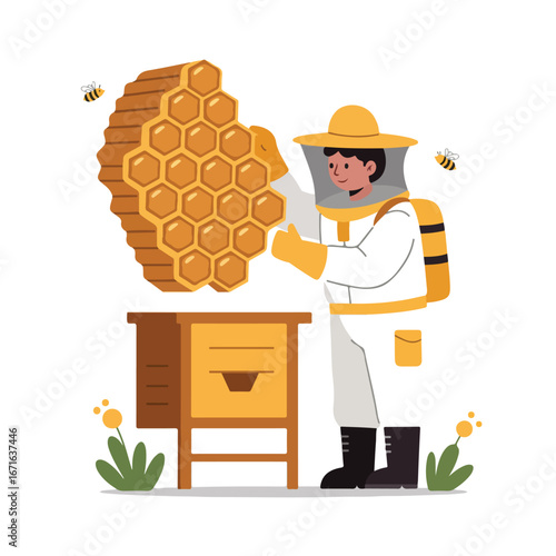 Beekeeper Holds Honeycomb Next to Beehive