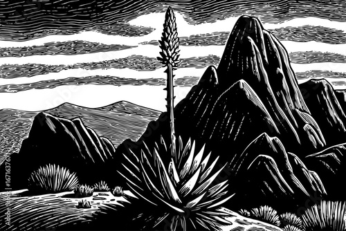 Agave cactus near volcanic rock formations, striking desert scenery combining sharp leaves and solid stones, timeless beauty, black and white sketch