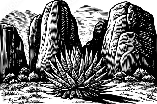 Agave cactus near volcanic rock formations, striking desert scenery combining sharp leaves and solid stones, timeless beauty, black and white sketch