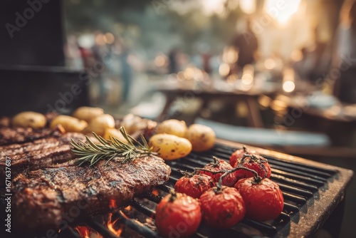 Grilled steaks, tomatoes, and potatoes cooking on a barbecue outdoors, with a picnic table and people blurred in the background at sunset