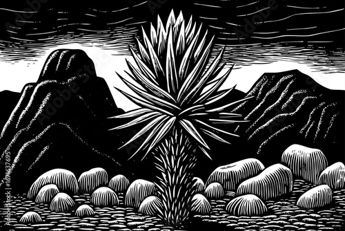 Agave cactus near volcanic rock formations, striking desert scenery combining sharp leaves and solid stones, timeless beauty, black and white sketch