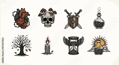 A curated collection of mystical fantasy symbols in a vintage tattoo style, featuring a heart, skull, potions, and medieval icons