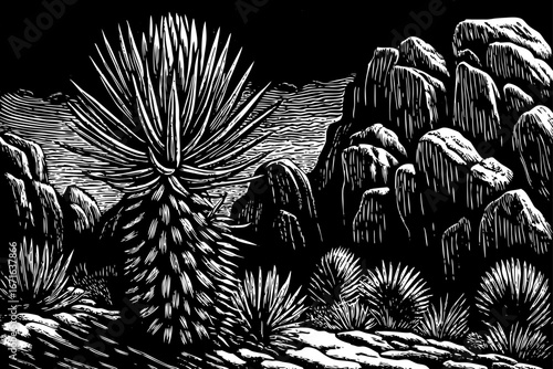 Agave cactus near volcanic rock formations, striking desert scenery combining sharp leaves and solid stones, timeless beauty, black and white sketch