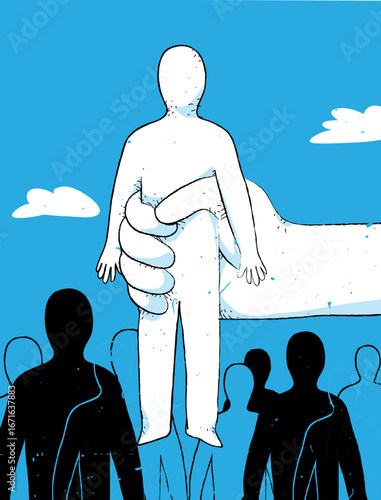 A large human hand reaches down and lifts one candidate above other multiple silhouettes of men standing together