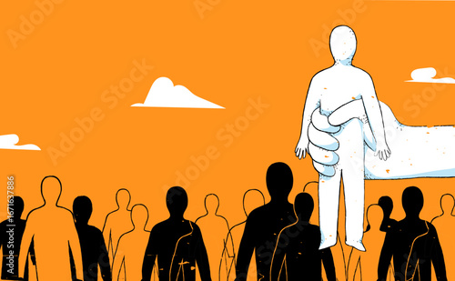 A large human hand reaches down and lifts one candidate above other multiple silhouettes of men standing together